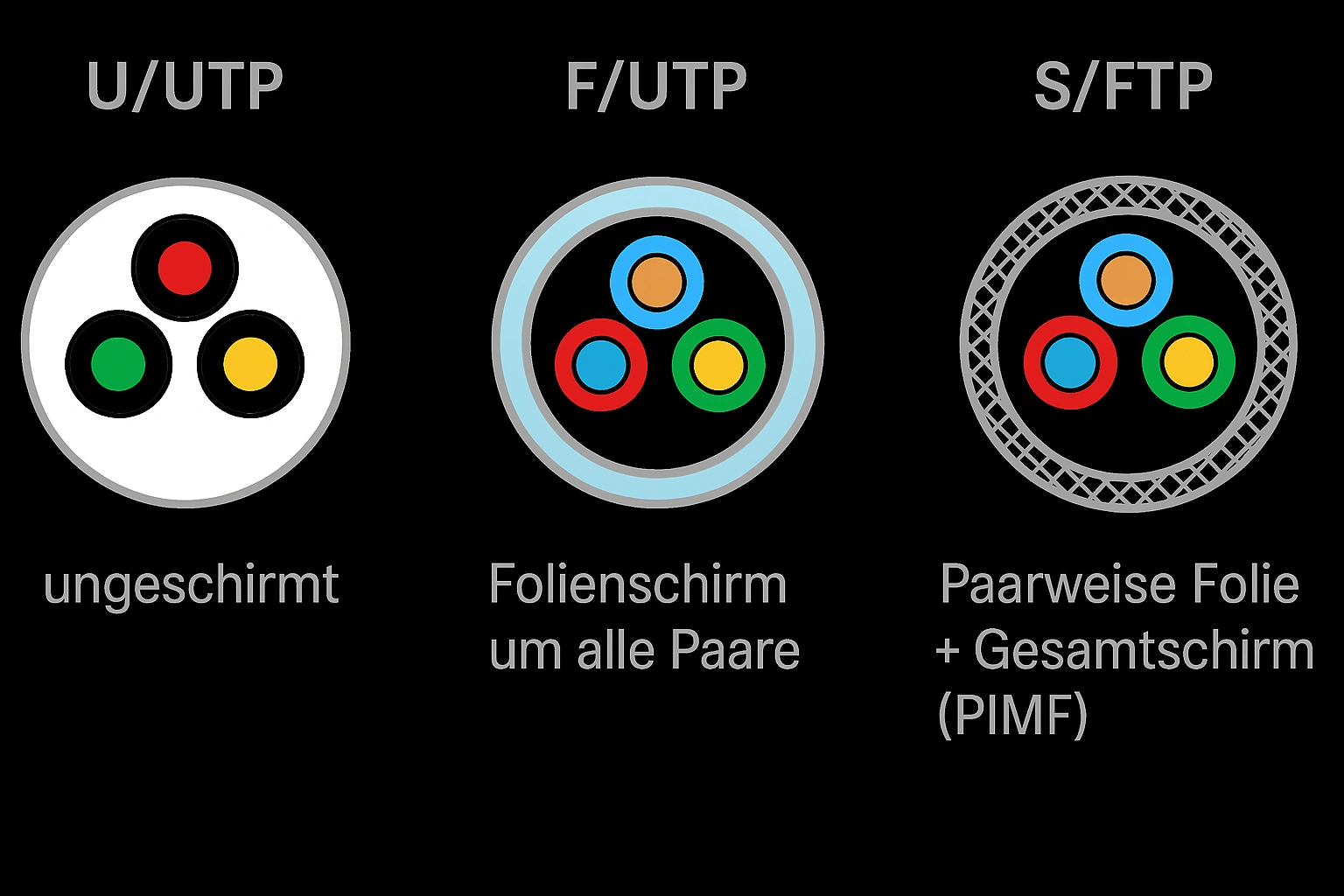 Vergleich U/UTP, F/UTP und S/FTP Netzwerkkabel Schirmung – ungeschirmt, Folienschirm, Geflechtschirm mit PIMF